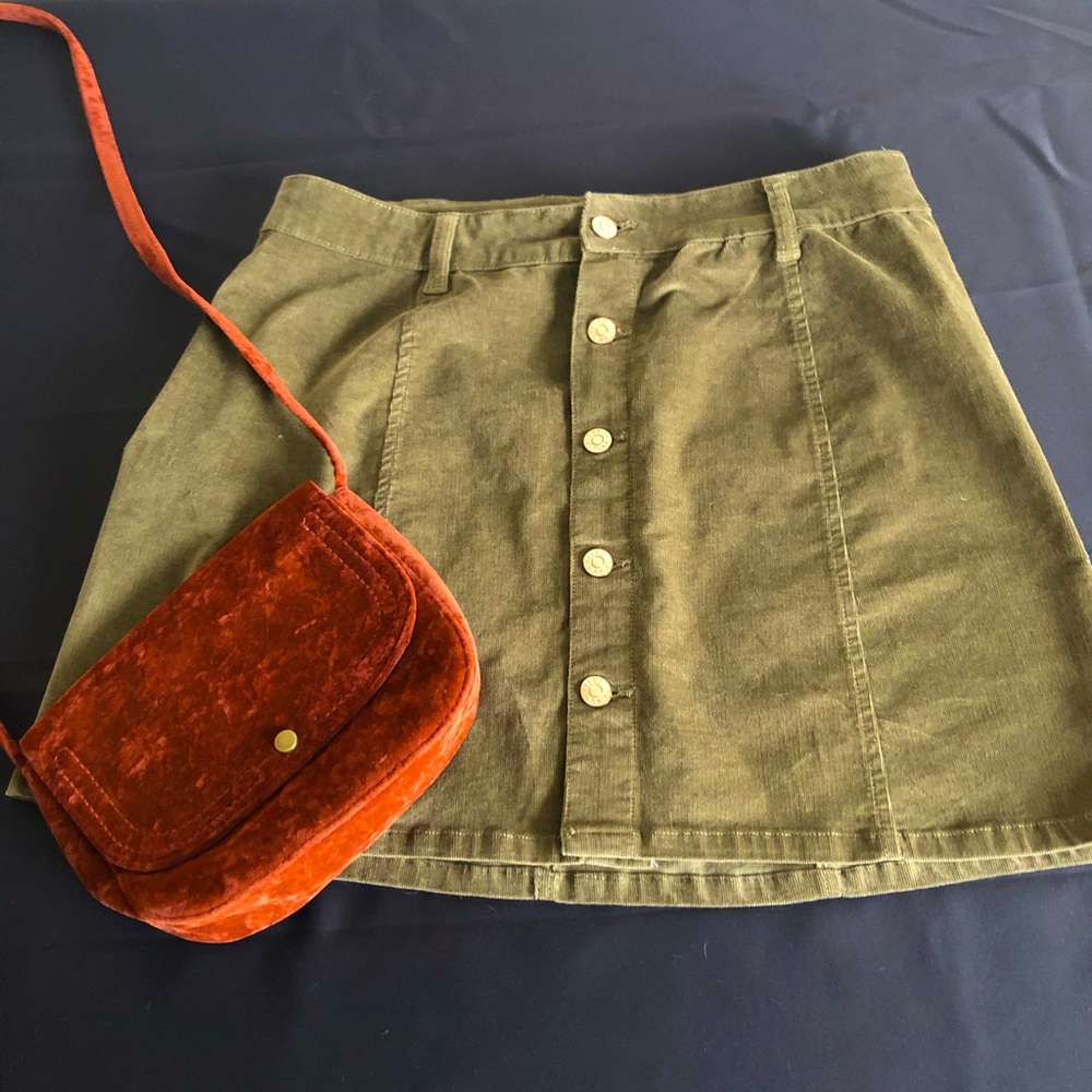 CELEBRITY PINK olive green corduroy mini skirt with button front